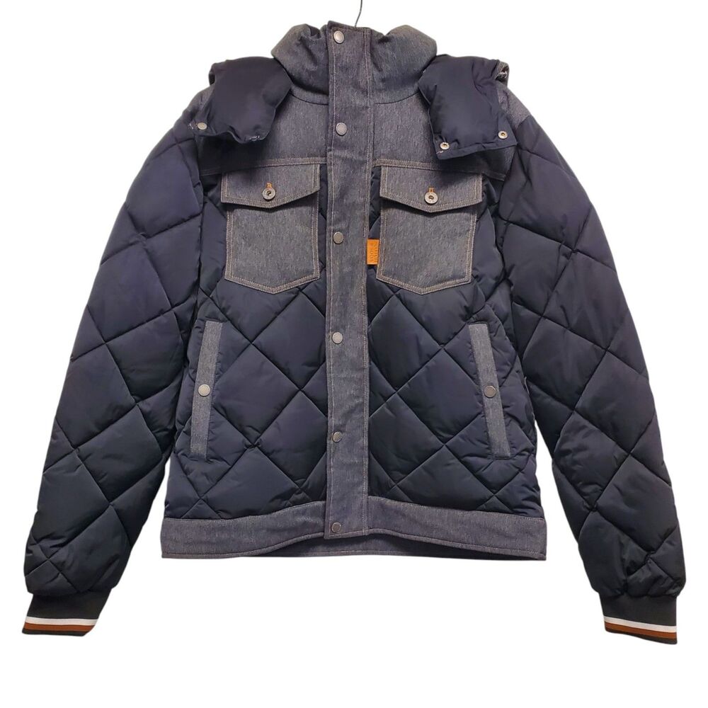 SCOTCH & SODA Jacket Mens Large Blue Denim Quilted Puffer Hooded Pockets Outdoor